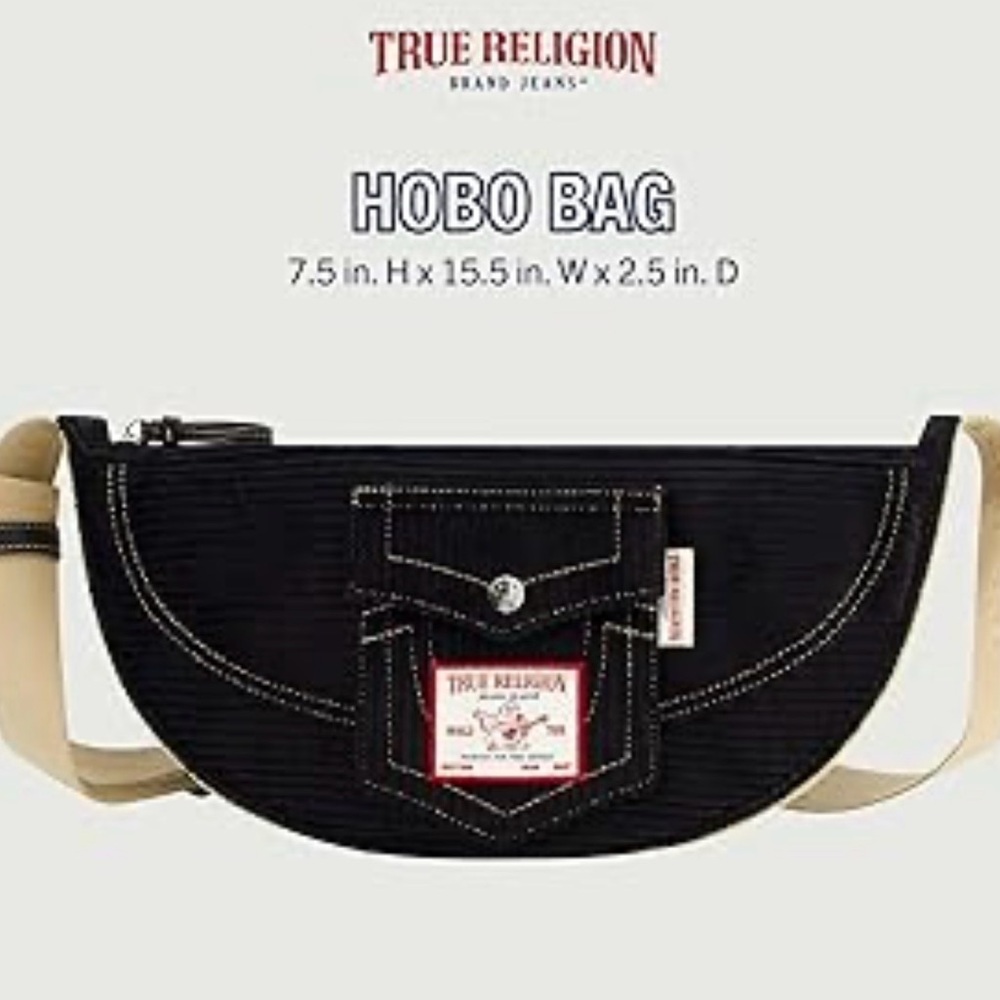 True Religion Black Crescent Shoulder Bag with Cream Strap - Picture 6 of 11